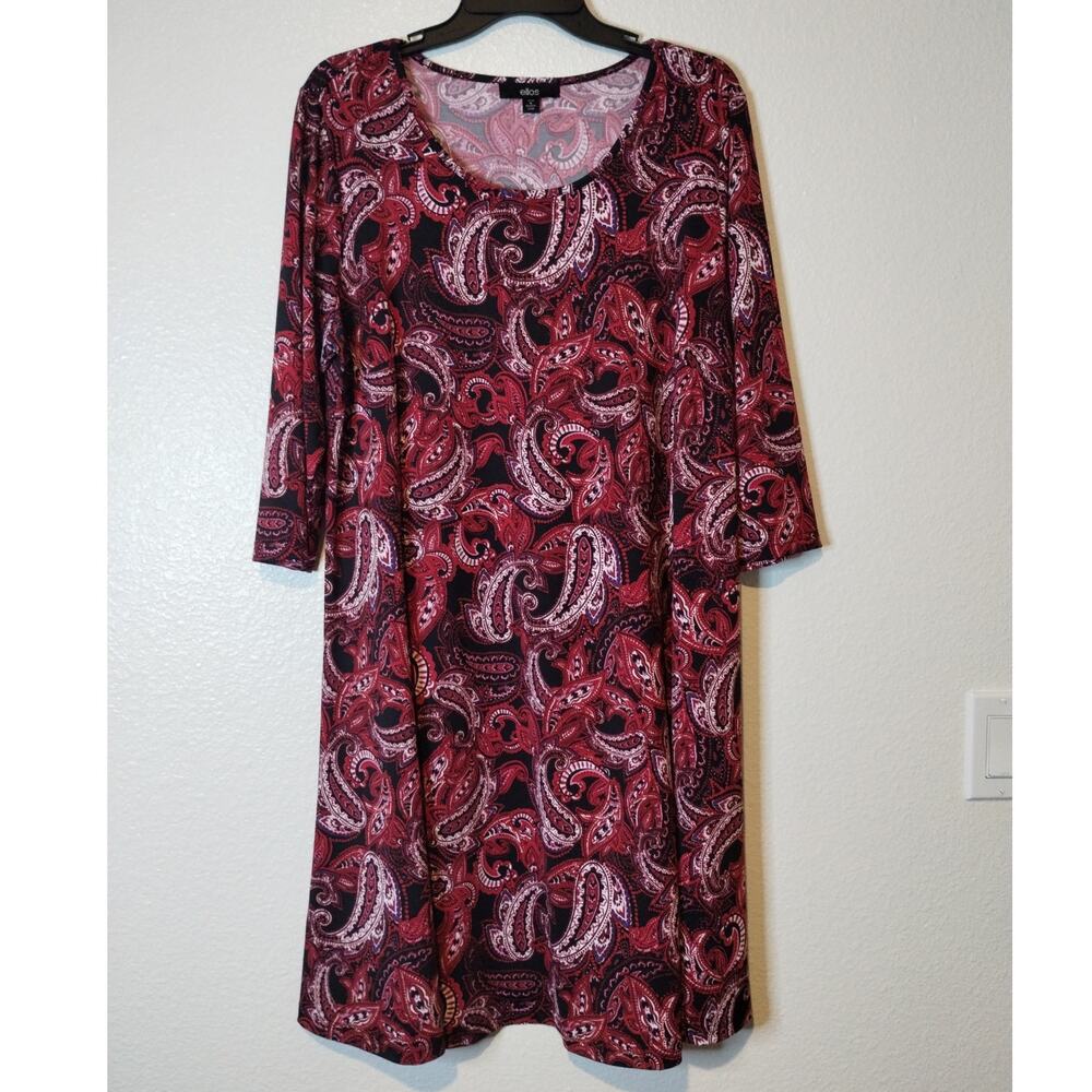 Ellos Women's Size 14/16 Red Paisley Madison Knit 3/4 Sleeves Knee-Length Dress